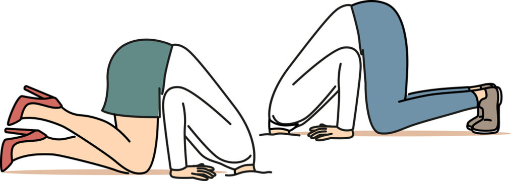 Business people hide heads in sand because of cowardice and fear problems caused by competition