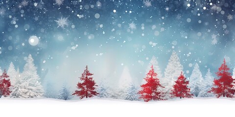 Christmas holiday trees. Border snow background. Snowflakes