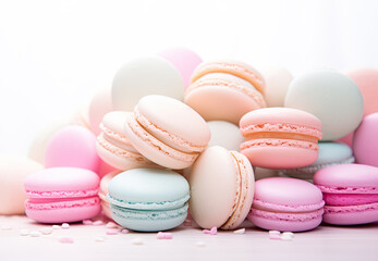 French macarons in soft pastel colors on white background