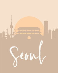City poster of Seoul with building silhouettes at sunset