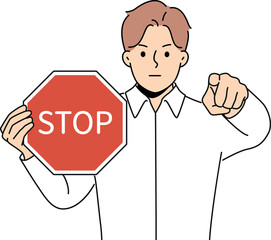 Man with stop sign in hands says access is denied and points finger at screen warning about stopping