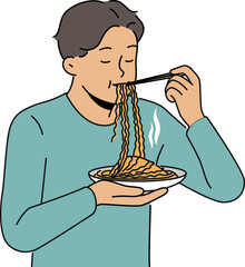 Asian man eats ramen with chinese sticks, enjoying taste of traditional national meal