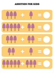 Addition page for kids. Educational math game for children with ice cream. Printable worksheet design. Learning mathematic.