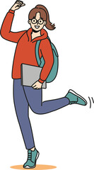 Cheerful teen girl makes victory gesture and holds books in hands and celebrating entering college