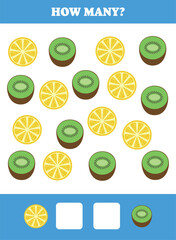 How many fruit are there? Educational math game for kids. Printable worksheet design for preschool, kindergarten or elementary students. Learning mathematic. Counting exercise.