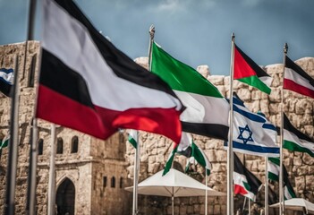 AI-generated illustration of a collection of flags of Israel and Palestine waving in the sky