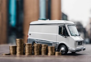 AI illustration of a white toy model van with a pile of coins