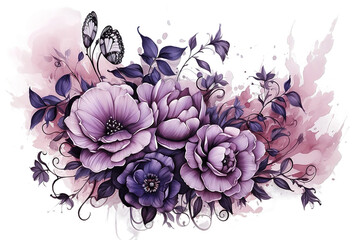  Periwinkle violet anemone, dark purple rose, dusty mauve and lilac hyacinth, allium, white peony, isolated on PNG Background. Generative Ai. - Powered by Adobe