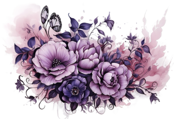 Periwinkle violet anemone, dark purple rose, dusty mauve and lilac hyacinth, allium, white peony, isolated on PNG Background. Generative Ai.