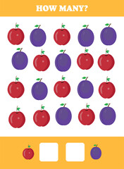 How many fruit are there? Educational math game for kids. Printable worksheet design for preschool, kindergarten or elementary students. Learning mathematic. Counting exercise.
