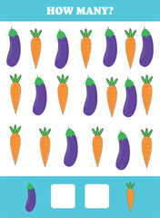 How many vegetable are there? Educational math game for kids. Printable worksheet design for preschool, kindergarten or elementary students. Learning mathematic. Counting exercise.