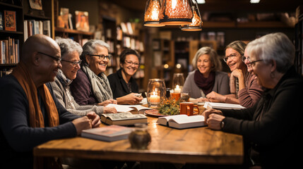 Book Club Gathering: An image capturing the camaraderie of a book club meeting with people engaged in lively discussions amidst books - obrazy, fototapety, plakaty