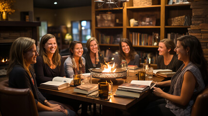Book Club Gathering: An image capturing the camaraderie of a book club meeting with people engaged in lively discussions amidst books - obrazy, fototapety, plakaty