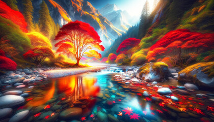 Imagine a scene where a clear mountain stream flows from the base of the mountain, curving around the foreground where the colorful tree stands—a deciduous tree at the peak of its fall beauty.