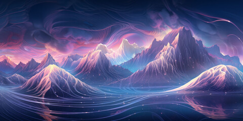 Multiple waves in mountains, futuristic digital art blending realism and fantasy.