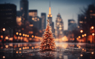 Christmas tree new year on blurred cityscape winter background Generated AI