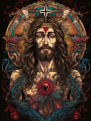 Crucifix holds St. Jesus in a psychedelic style.