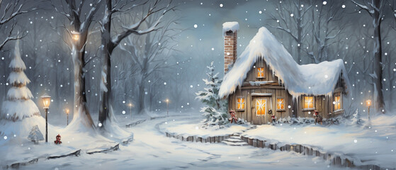 Illustration of a house with a pine forest covered with white snow in winter. Christmas background concept, photo 21:9 - obrazy, fototapety, plakaty