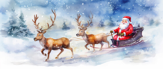 Illustration of Santa Claus with reindeer sleigh running on white snow in a village with pine forest in winter. Christmas background concept. 21:9 ratio photo - obrazy, fototapety, plakaty