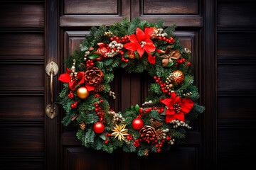 Fototapeta na wymiar A close up of a Christmas wreath on a door. Generative AI