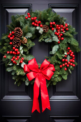 A close up of a Christmas wreath on a door. Generative AI
