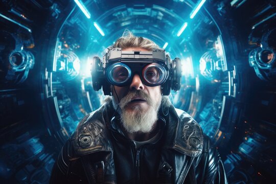 Person looking and using the Virtual Reality VR headset and imaging to the fantasy outer space war adventure abstract background.