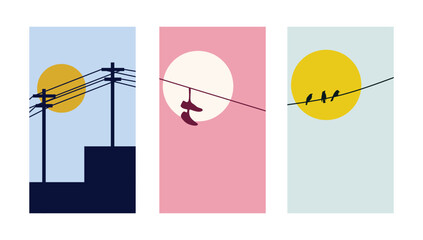 Modern design Set of urban city backgrounds for banners, flyers, greeting cards, posters and advertisements. Vector cartoon flat illustration. utility pole, shoe tossing,bird and sun