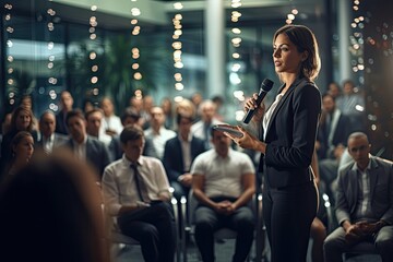 Businesswoman speaking into microphone in conference hall. Audience in conference hall. Ai generative