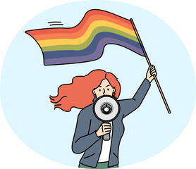 Woman with LGBTQ flag shout in megaphone