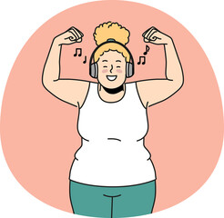 Overjoyed fat woman training listening to music