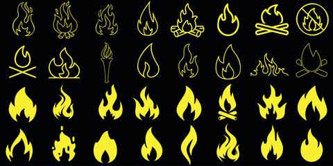 Fire, flames vector illustration, yellow, black background, perfect for logos, icons, design elements. Different types, burning, blaze, inferno, heat, hot, warm, fiery, bright, light, energy, power