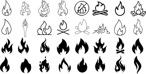 Fire, flame vector icons, black and white illustration. Perfect for logos, branding, design projects. Realistic and abstract styles