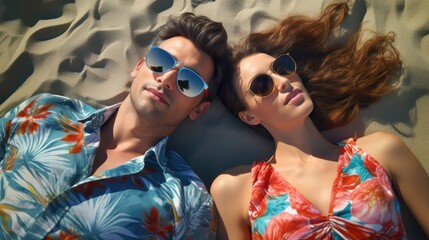 couple lying on the beach and sunbathing