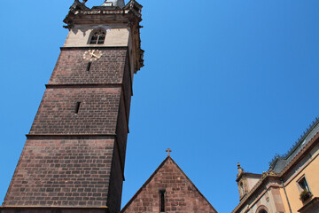 medieval belfry (tour de la chapelle) in a village (obernai) in alsace in france