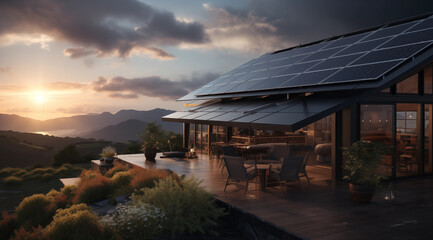 Photovoltaic solar panels for producing clean ecological electricity at sunset. Production of renewable energy concept.