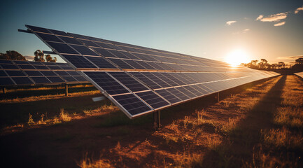 Photovoltaic solar panels for producing clean ecological electricity at sunset. Production of renewable energy concept.