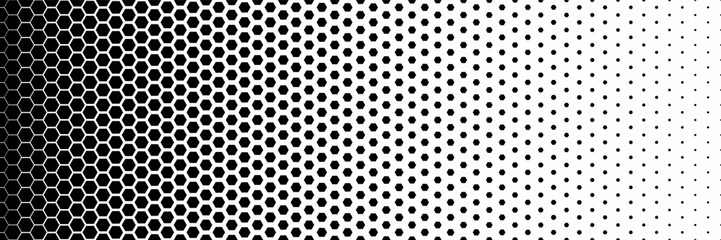 Horizontal gradient of black and white hexagon halftone texture vector illustration black and white dot background - obrazy, fototapety, plakaty