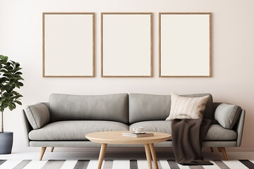 Three empty vertical picture frames in a modern japandi living room with grey sofa and minimalist table. Wall art mockup.