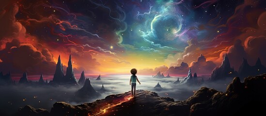 painting style illustration a boy walking, under starry night sky, Generative Ai