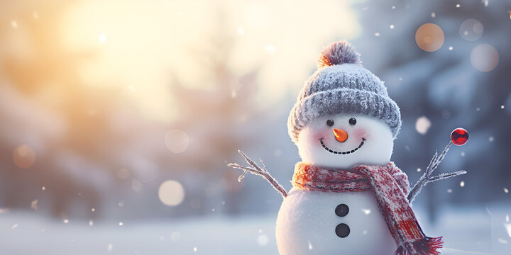 A snowman in a snowy landscape with a snowy background, A snowman in winter background, Frosty Friend A Free Photo with a CloseUp View of a Snowman