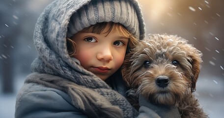 young girl hugging cute dog during winter snow fall, wool cap and scarf , Generative Ai