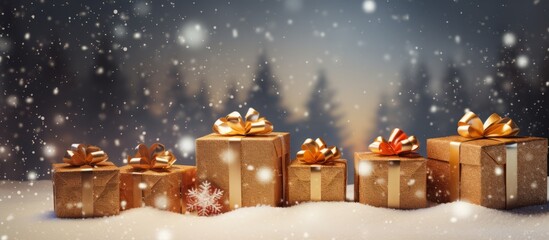 Luxury gift box present and christmas ornaments in snow falling.happy new year and celebration festival for banner