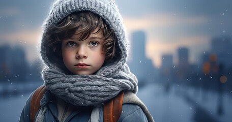 cute young boy wearing wool cap and scarf with winter urban cityscape background at twilight time,...