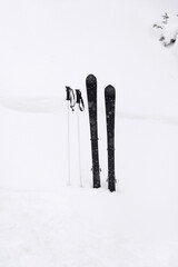 Ski in winter season, mountains and ski touring equipments. Skiing in the snow. Winter sport.	