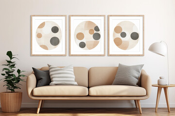 Modern boho interior with abstract geometric wall art set of 3 in textured style. Cozy furniture. Beige sofa with grey pillows.
