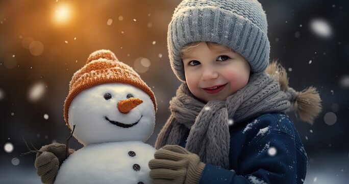 young boy with his snowman, kid playing outside during winter time, Generative Ai