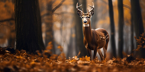 deer in the woods, Wild elk in nature with wilderness landscape, Wilderness Symphony Portrait of a Red Deer in Fall