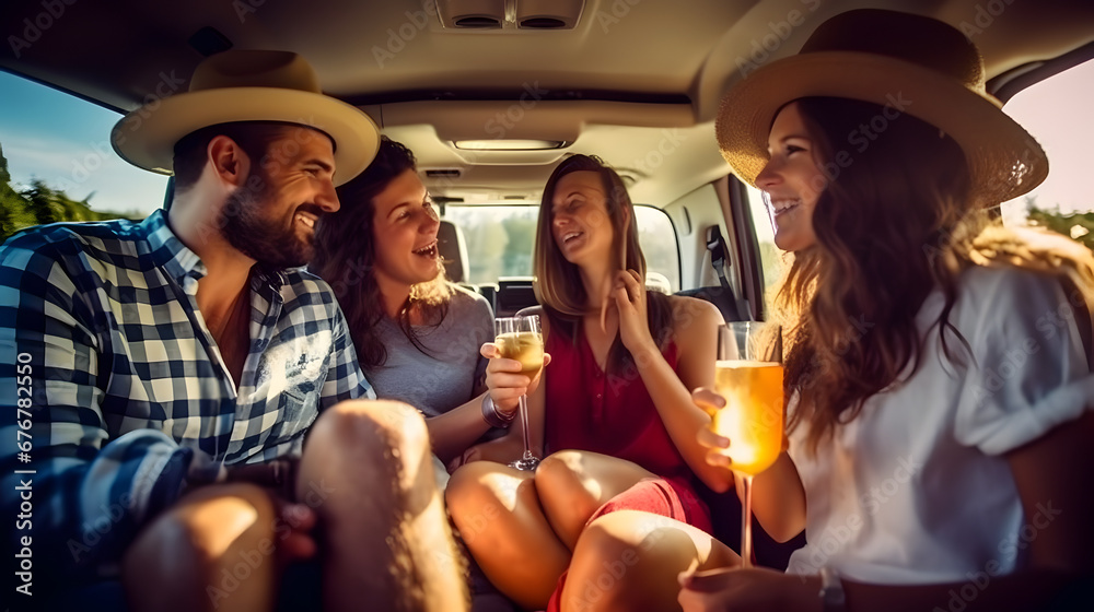 Poster friends going on a trip in a car and drinking white wine