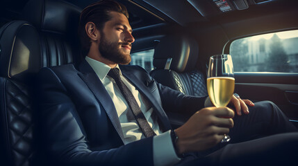 A rich man in a suit with a glass of wine in the car, limousine - obrazy, fototapety, plakaty