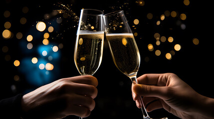 Two people clinking glasses with champagne at restaurant